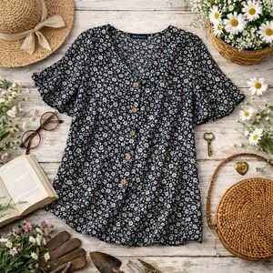 BloomChic Black Ditsy Floral Flutter Sleeve Blouse Plus Size 22/24